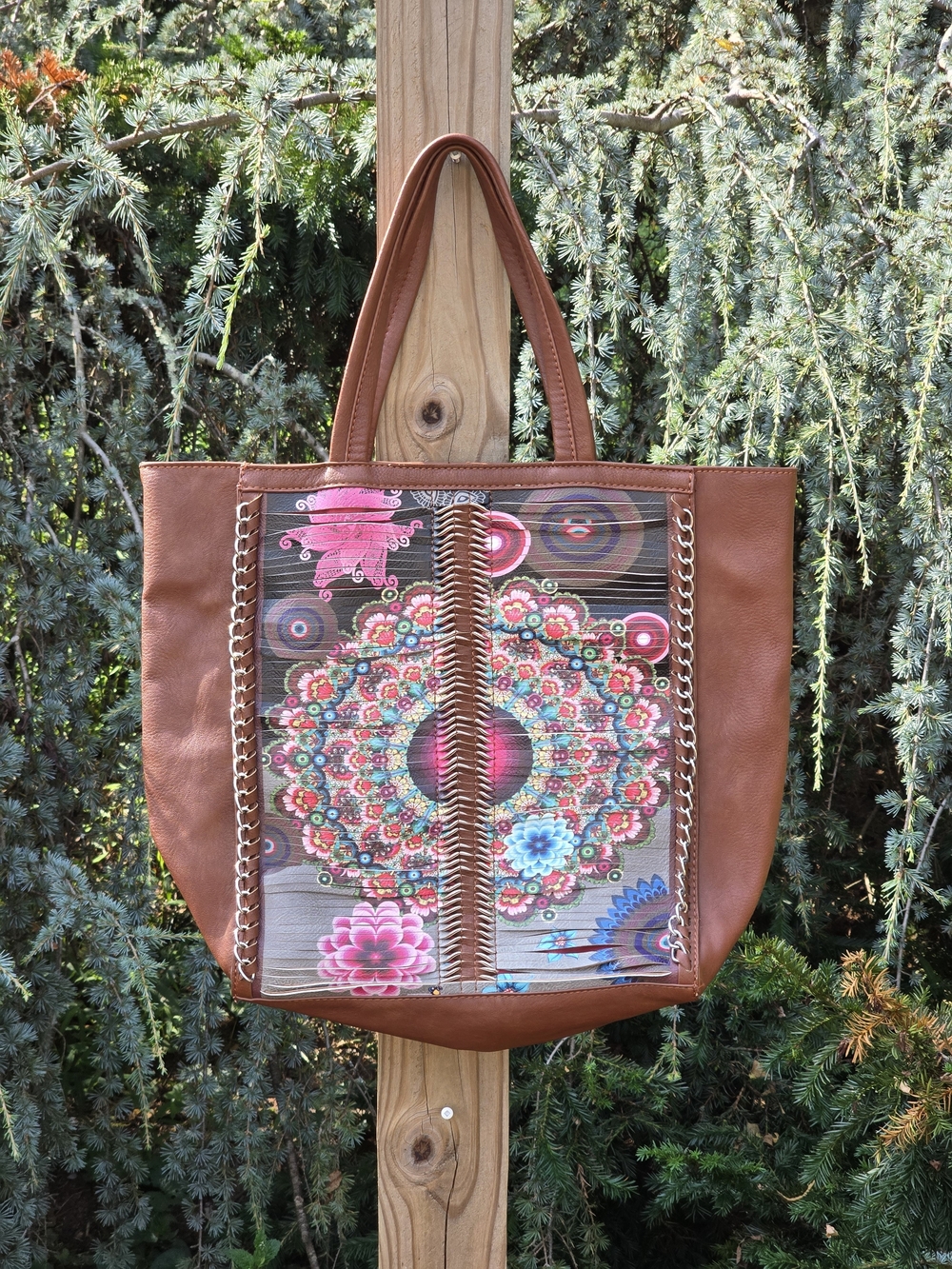 Coco + Carmen Brown Faux Leather Tote with Pink Multicolor Mandala Panel